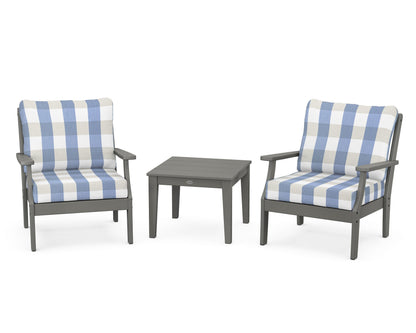 POLYWOOD® Braxton 3-Piece Deep Seating Set in Slate Grey / Buffalo Plaid Sky Blue