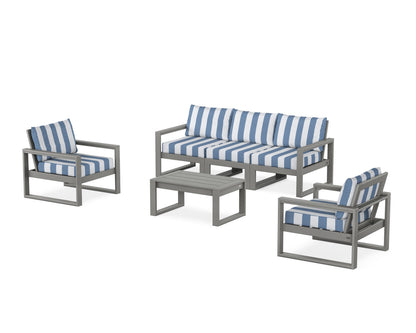 POLYWOOD® EDGE Sectional 4-Piece Deep Seating Set with Sofa in Slate Grey / Cabana Stripe Sky Blue