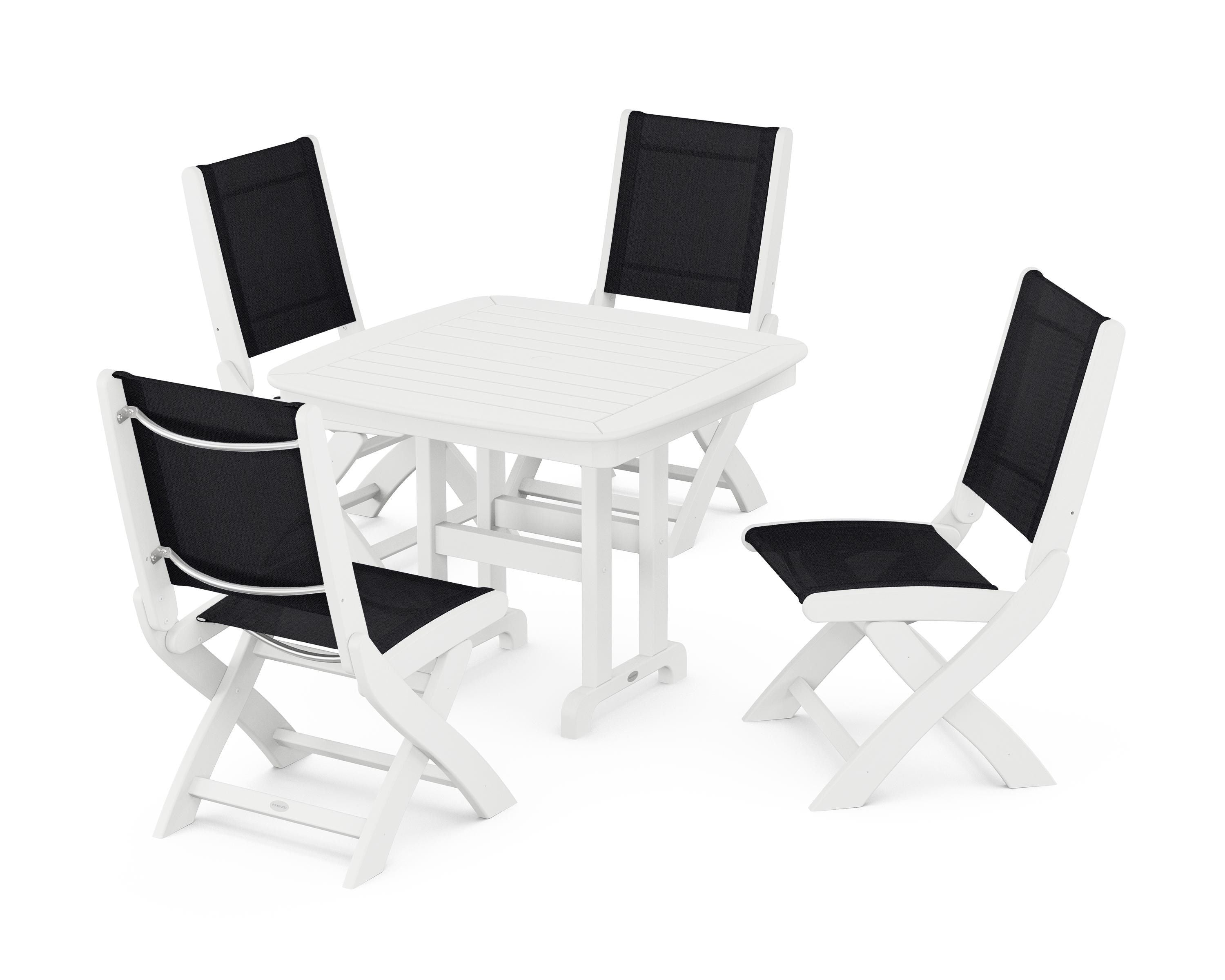POLYWOOD® Coastal Folding Side Chair 5-Piece Dining Set in White / Black Sling