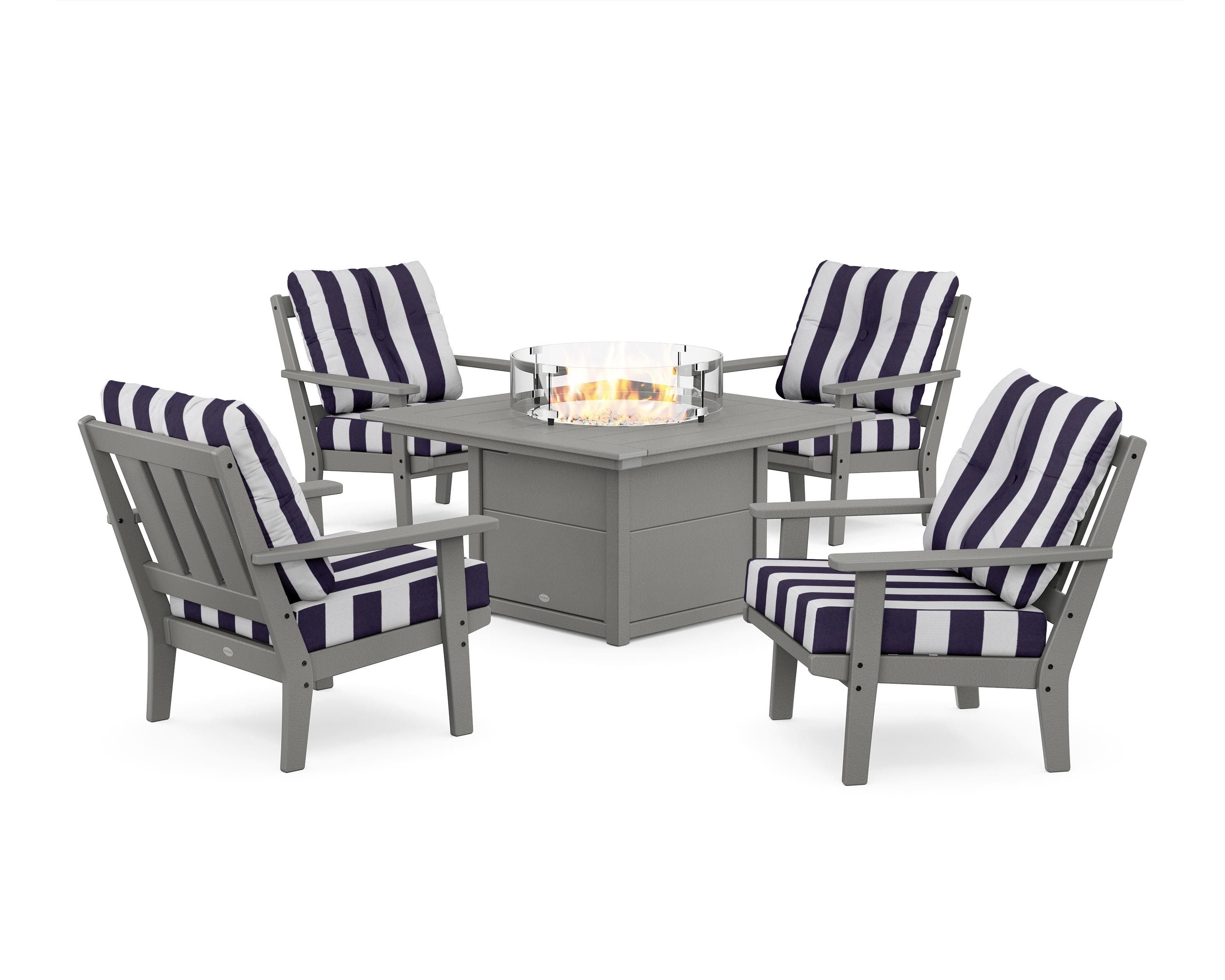 POLYWOOD® Oxford 5-Piece Deep Seating Set with Fire Pit Table in Slate Grey / Cabana Stripe Navy