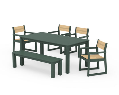 POLYWOOD® EDGE Sling Arm Chair 6-Piece Parsons Dining Set with Bench in Green / Dupioni Apricot Sling