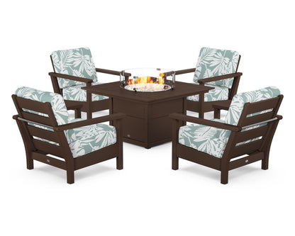 POLYWOOD® Harbour 5-Piece Conversation Set with Fire Pit Table in Mahogany / Leaf Glacier Spa