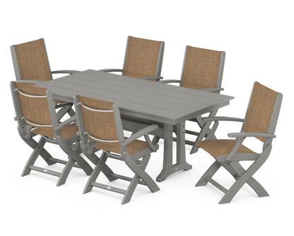 POLYWOOD® Coastal Folding Arm Chair 7-Piece Farmhouse Dining Set with Trestle Legs in Slate Grey / Burlap Sling