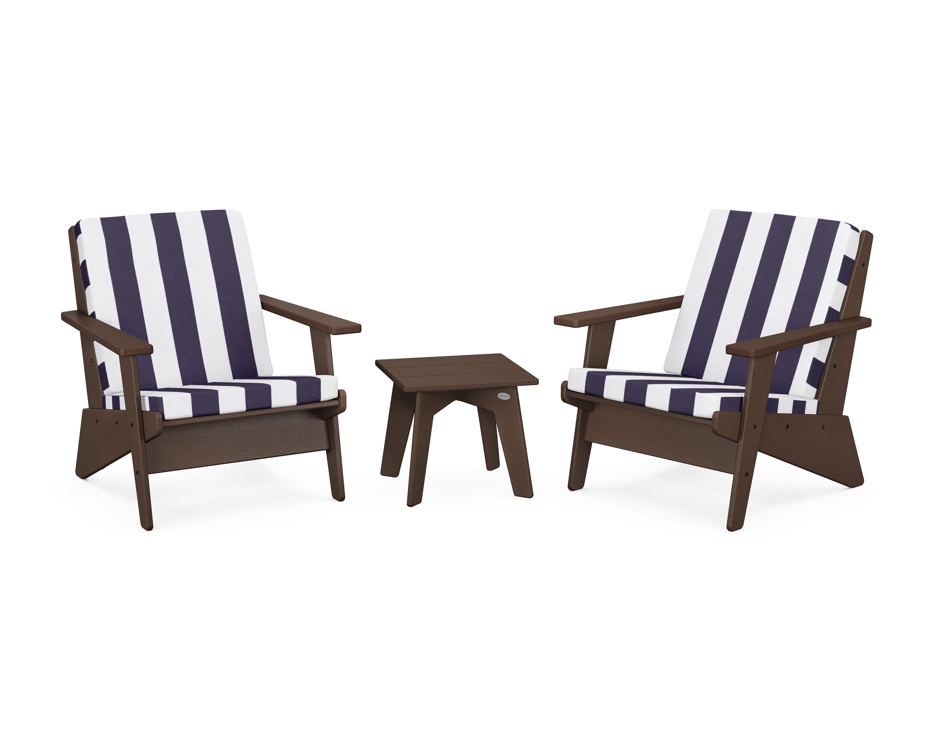 POLYWOOD® Riviera Modern Lounge 3-Piece Set in Mahogany / Cabana Stripe Navy