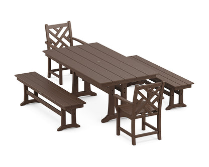 POLYWOOD® Chippendale 5-Piece Farmhouse Dining Set With Trestle Legs in Mahogany