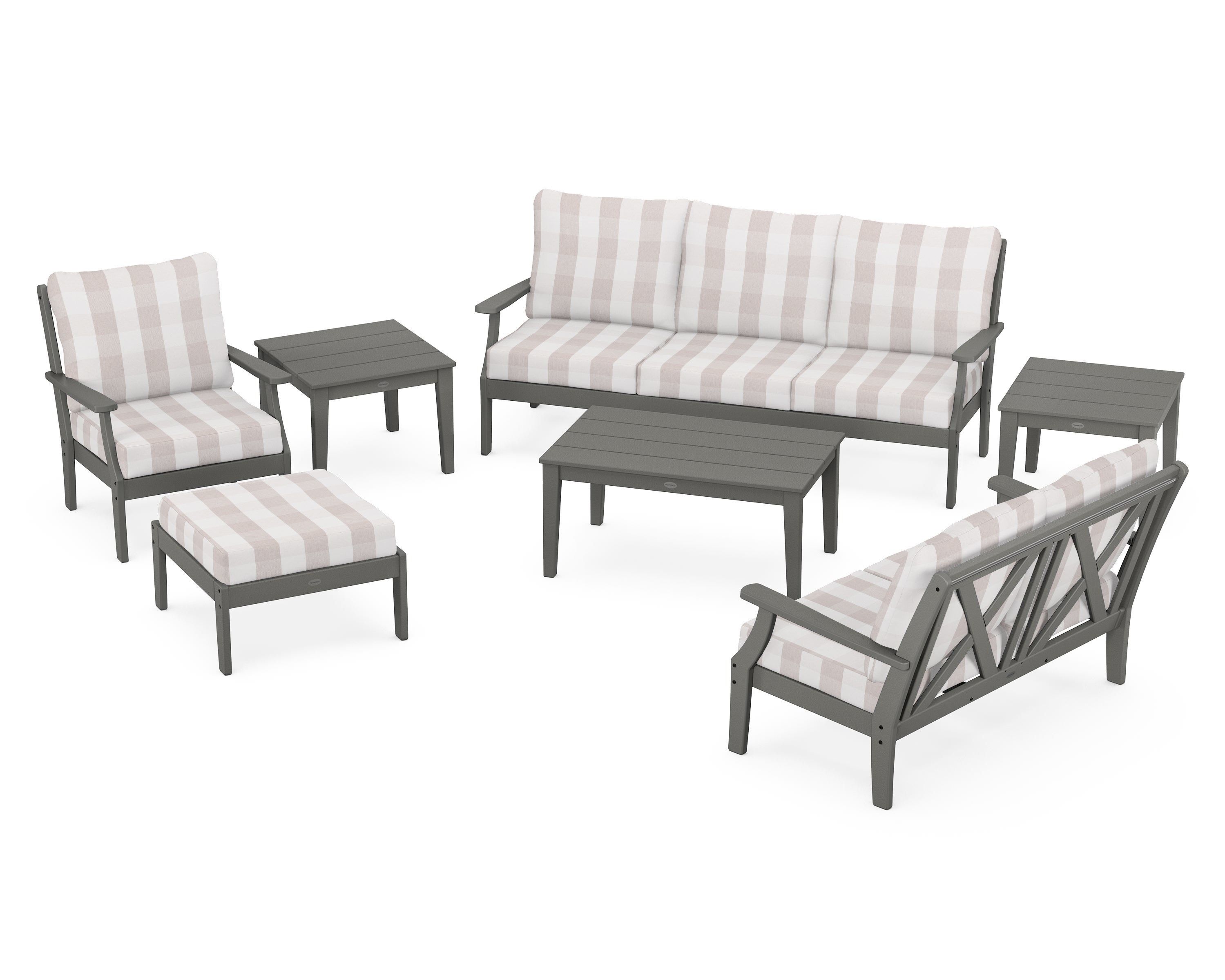POLYWOOD® Braxton 7-Piece Deep Seating Set in Slate Grey / Buffalo Plaid Dune Burlap