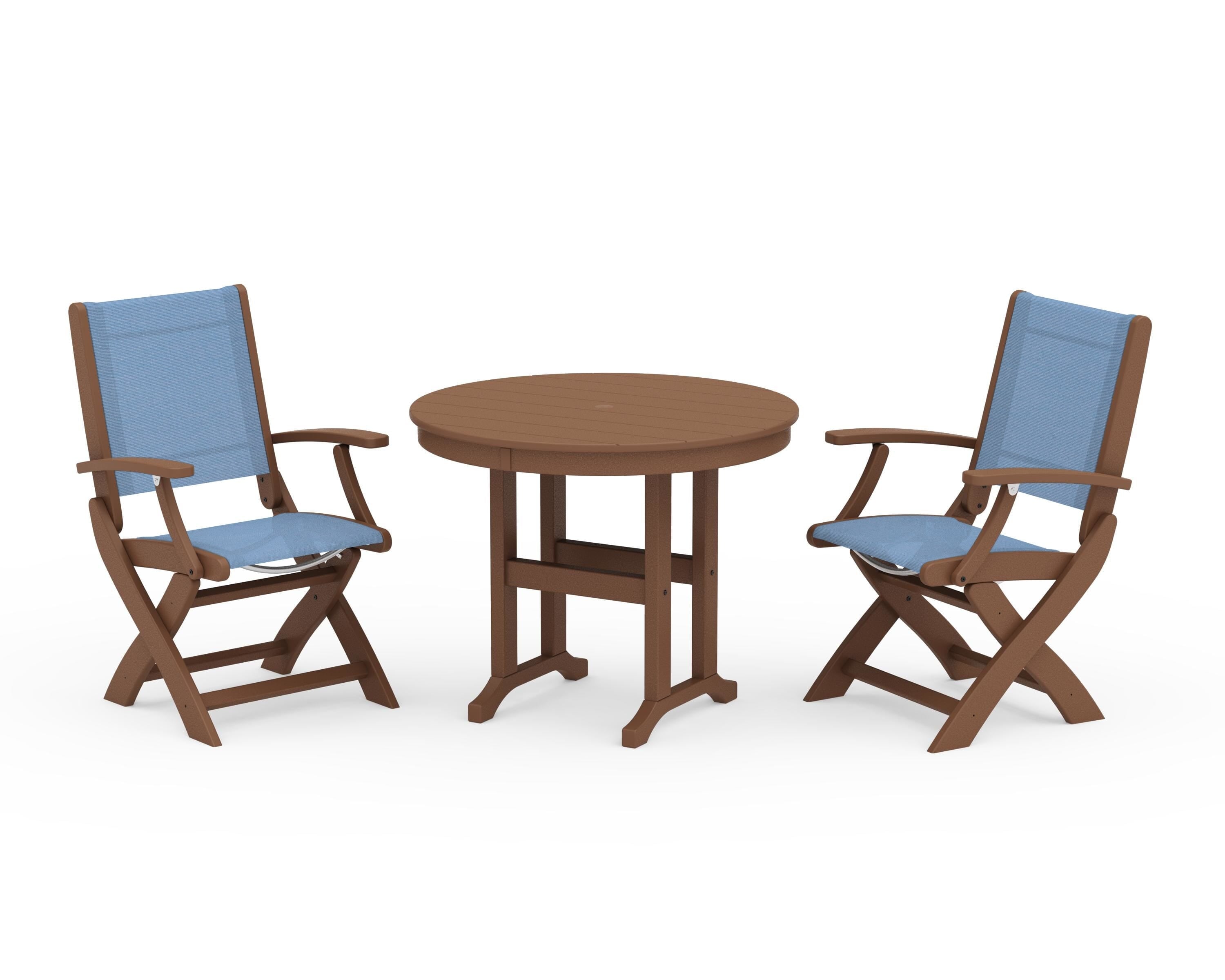 POLYWOOD® Coastal Folding Chair 3-Piece Round Dining Set in Teak / Poolside Sling