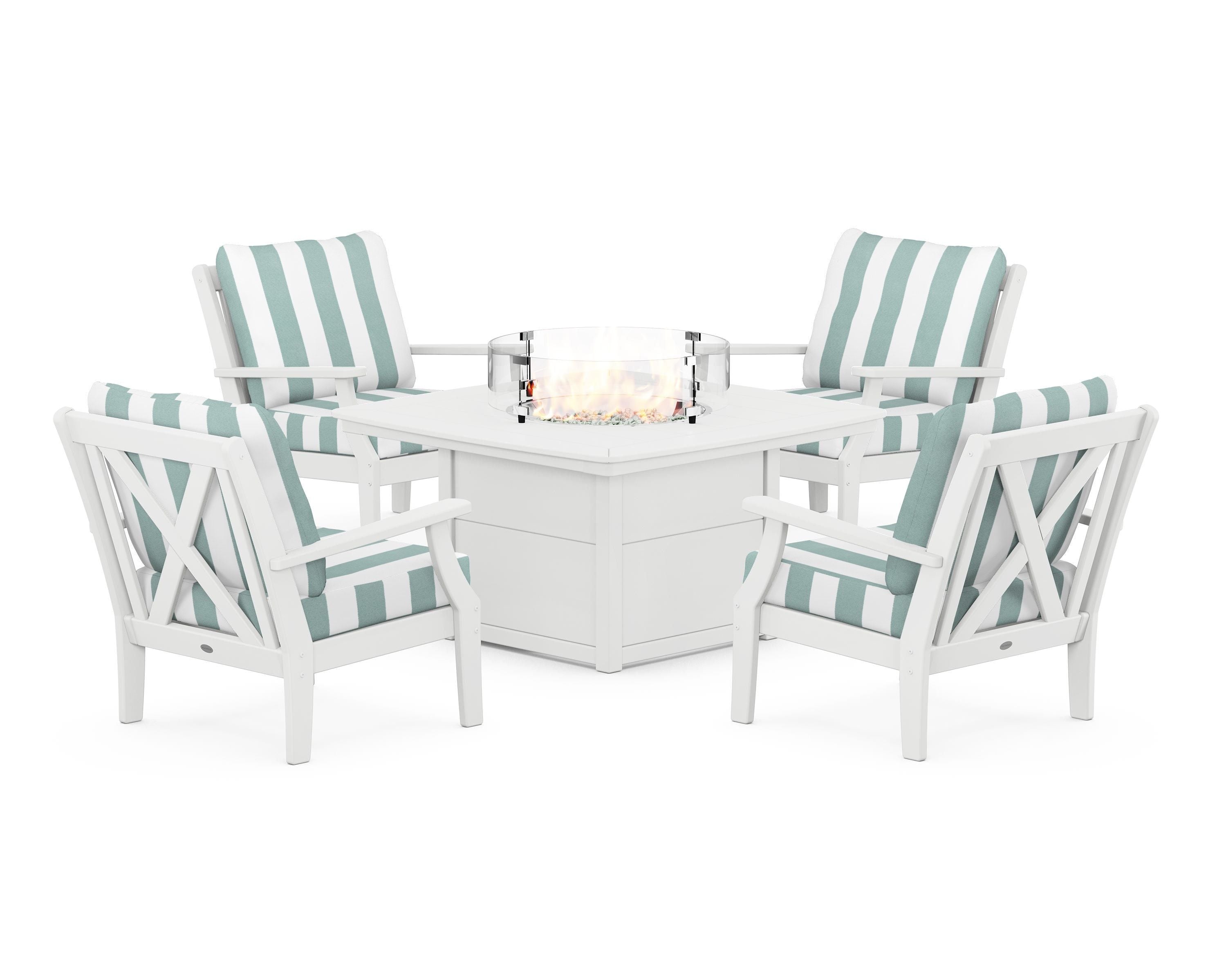 POLYWOOD® Braxton 5-Piece Deep Seating Conversation Set with Fire Pit Table in White / Cabana Stripe Glacier Spa