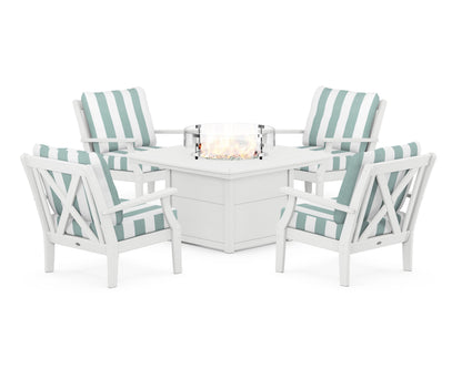 POLYWOOD® Braxton 5-Piece Deep Seating Conversation Set with Fire Pit Table in White / Cabana Stripe Glacier Spa