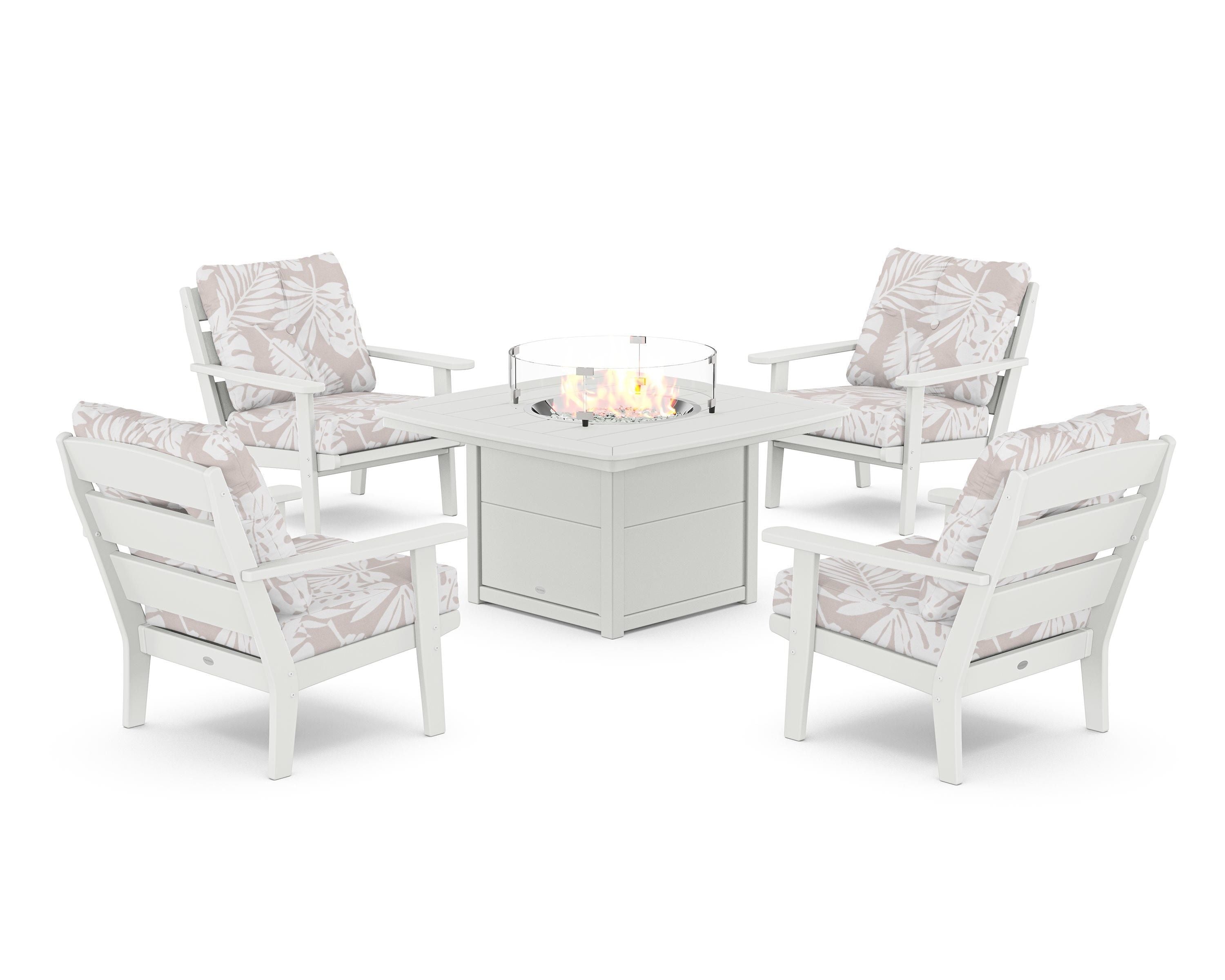 POLYWOOD® Lakeside 5-Piece Deep Seating Set with Nautical Fire Pit Table in White / Leaf Dune Burlap