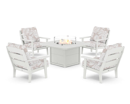 POLYWOOD® Lakeside 5-Piece Deep Seating Set with Nautical Fire Pit Table in White / Leaf Dune Burlap