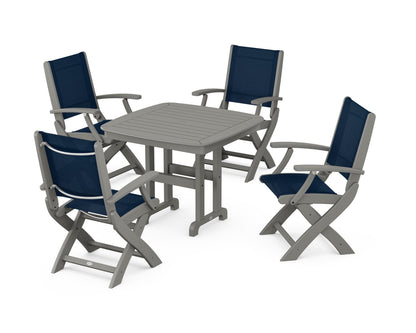 POLYWOOD® Coastal Folding Chair 5-Piece Dining Set in Slate Grey / Navy Blue Sling