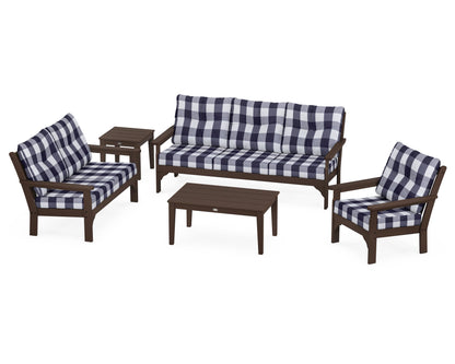 POLYWOOD® Vineyard 5 Piece Deep Seating Set in Mahogany / Buffalo Plaid Navy