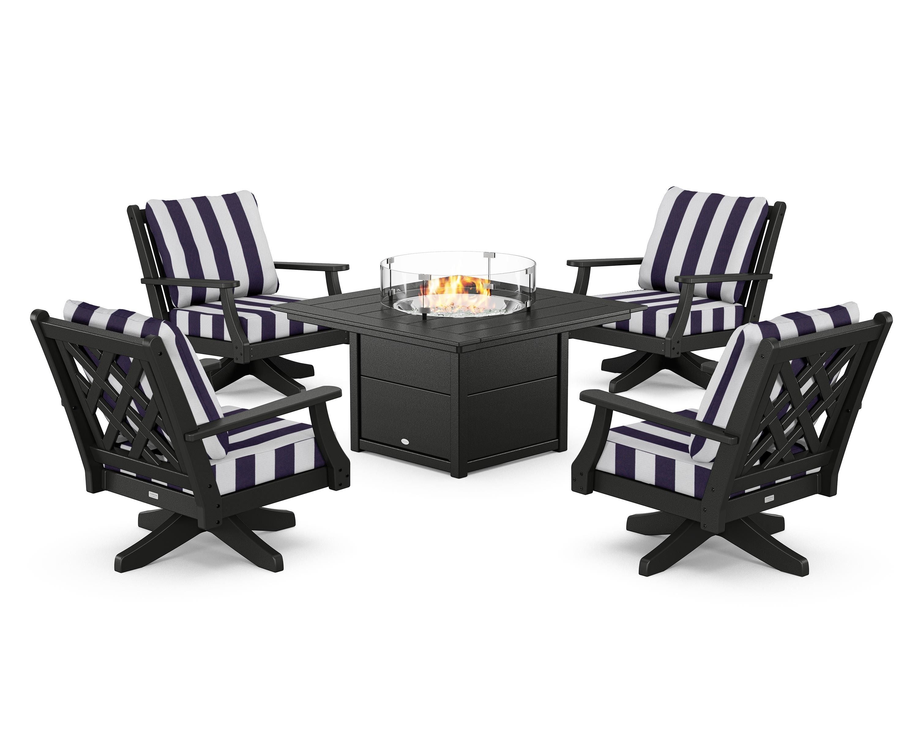 Country Living Wovendale 5-Piece Deep Seating Swivel Conversation Set with Fire Pit Table in Black / Cabana Stripe Navy
