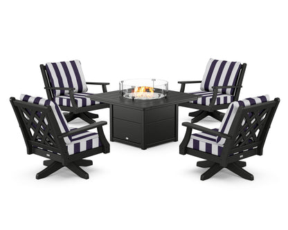 Country Living Wovendale 5-Piece Deep Seating Swivel Conversation Set with Fire Pit Table in Black / Cabana Stripe Navy