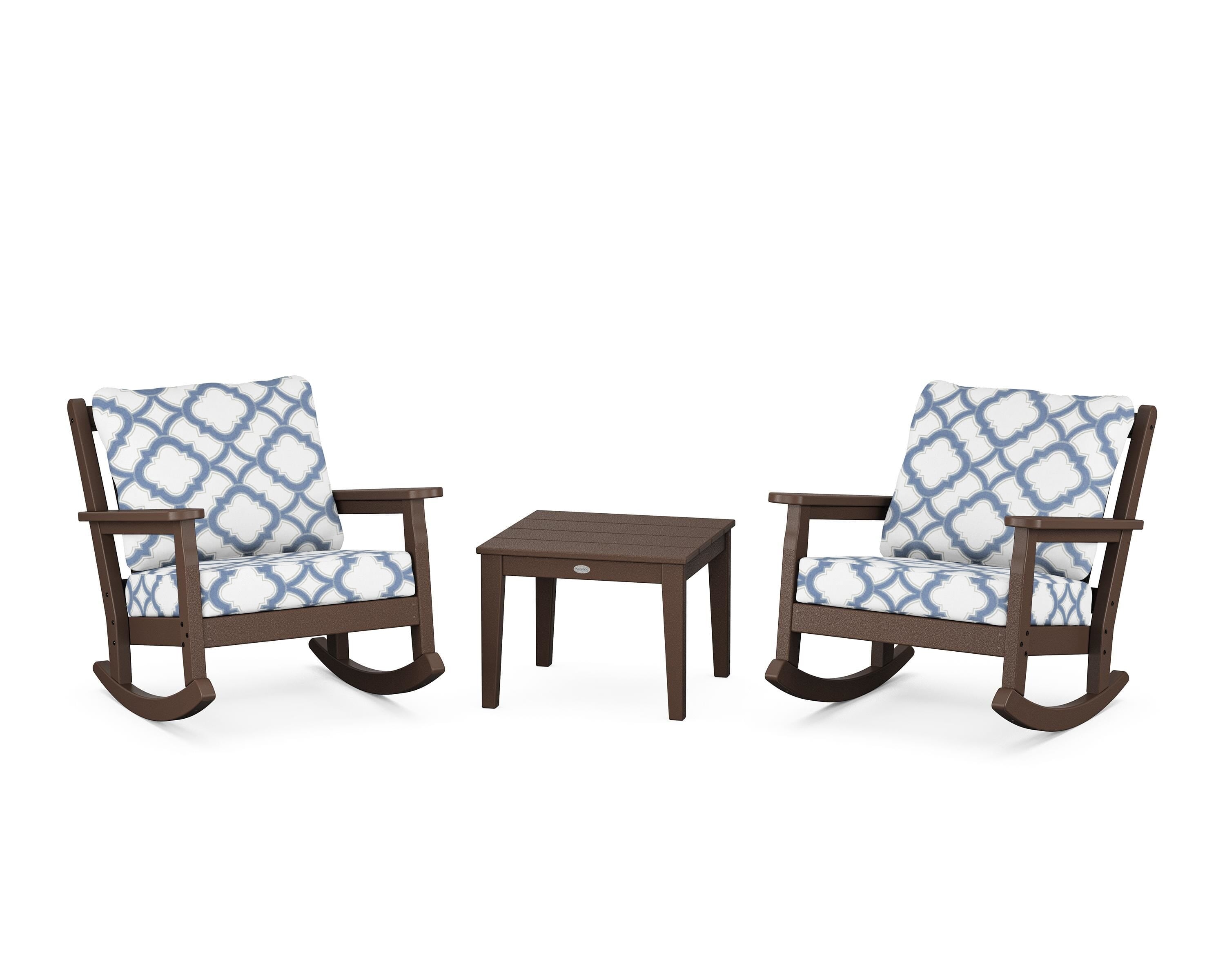 POLYWOOD® Chippendale 3-Piece Deep Seating Rocker Set in Mahogany / Trellis Sky Blue