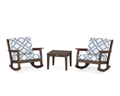 POLYWOOD® Chippendale 3-Piece Deep Seating Rocker Set in Mahogany / Trellis Sky Blue