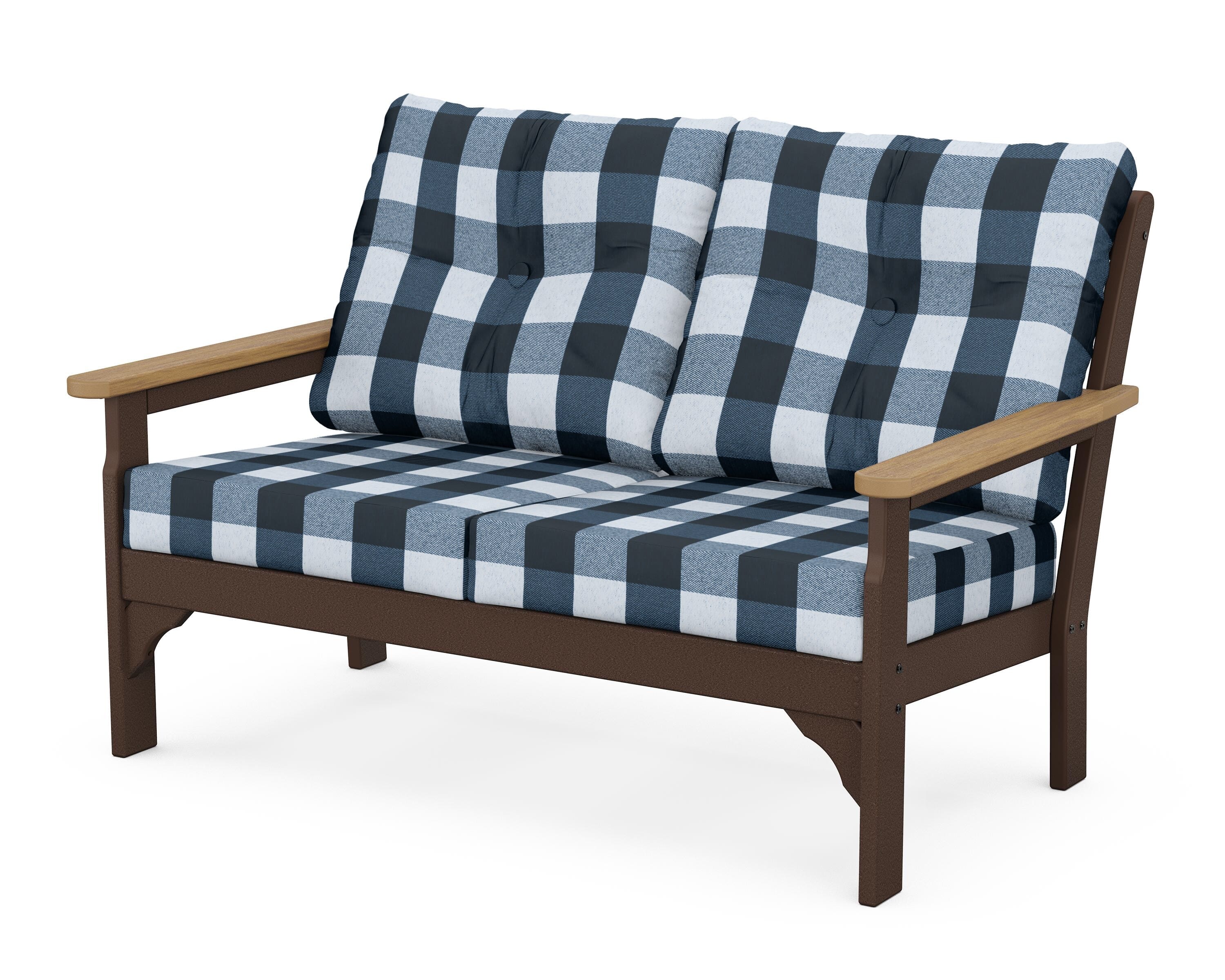 POLYWOOD® Vineyard Deep Seating Loveseat in Mahogany / Natural / Buffalo Plaid Marine Indigo