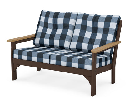 POLYWOOD® Vineyard Deep Seating Loveseat in Mahogany / Natural / Buffalo Plaid Marine Indigo