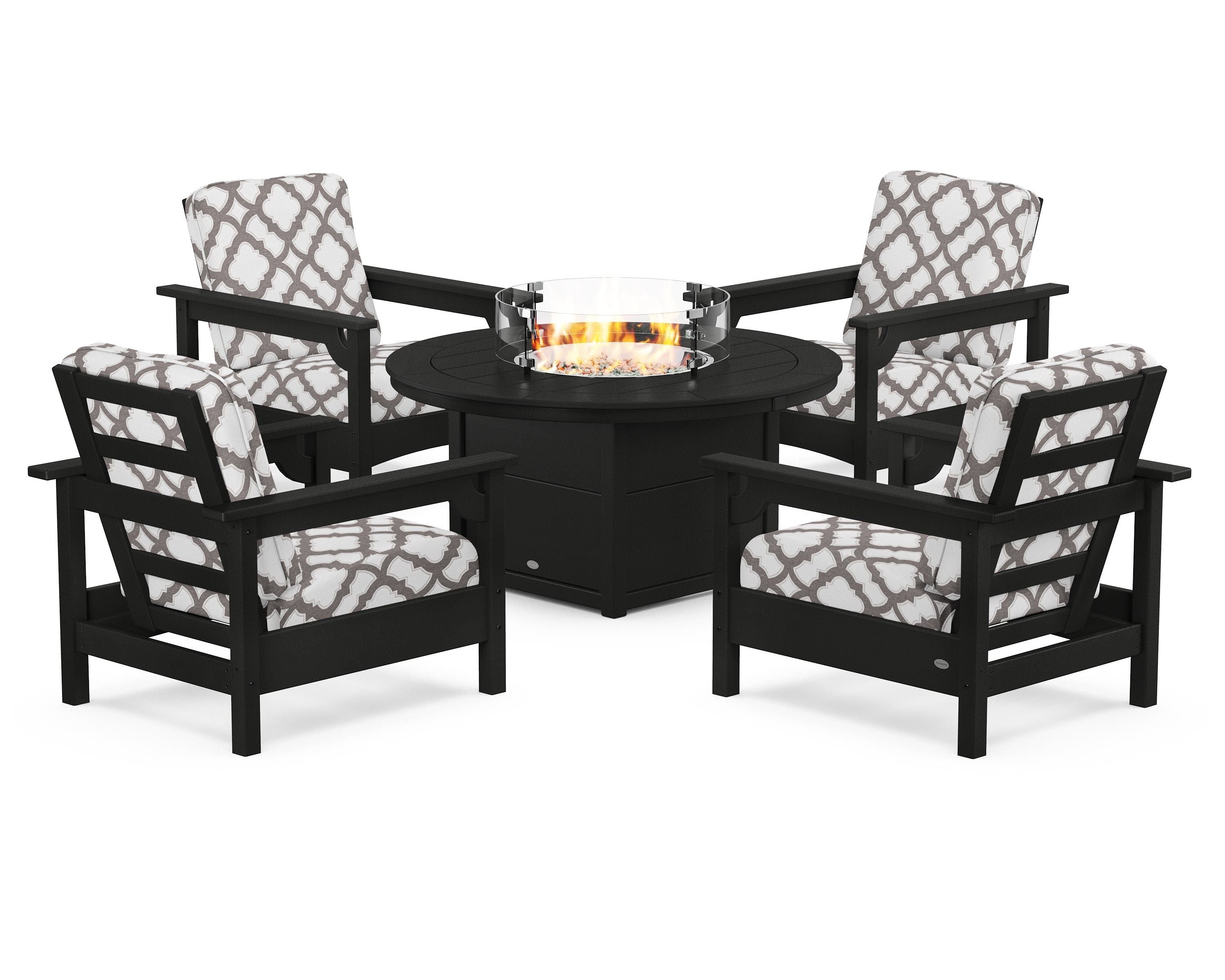 POLYWOOD® Club 5-Piece Conversation Set with Fire Pit Table in Black / Trellis Grey Mist