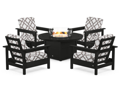 POLYWOOD® Club 5-Piece Conversation Set with Fire Pit Table in Black / Trellis Grey Mist
