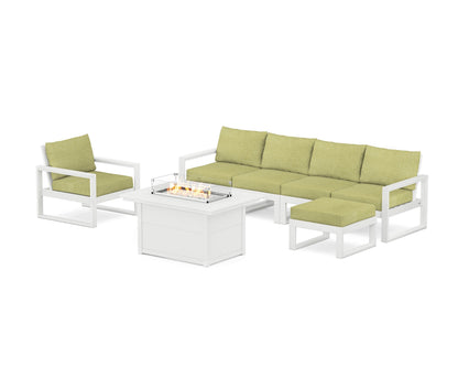 POLYWOOD® EDGE Sectional Lounge and Fire Pit Set in White / Chartreuse Boucle