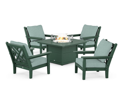 POLYWOOD® Chippendale 5-Piece Deep Seating Set with Fire Pit Table in Green / Glacier Spa