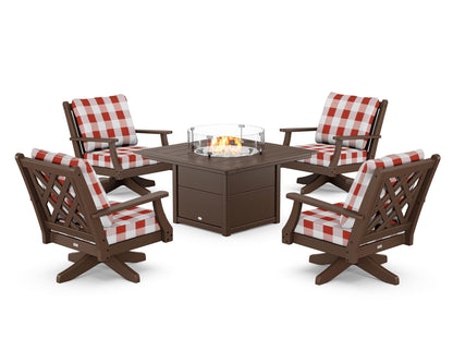 Country Living Wovendale 5-Piece Deep Seating Swivel Conversation Set with Fire Pit Table in Mahogany / Buffalo Plaid Crimson