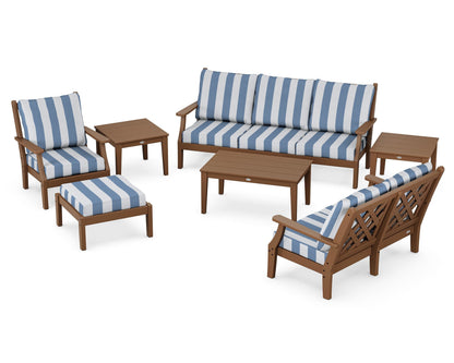 Country Living Wovendale 7-Piece Deep Seating Set in Teak / Cabana Stripe Sky Blue