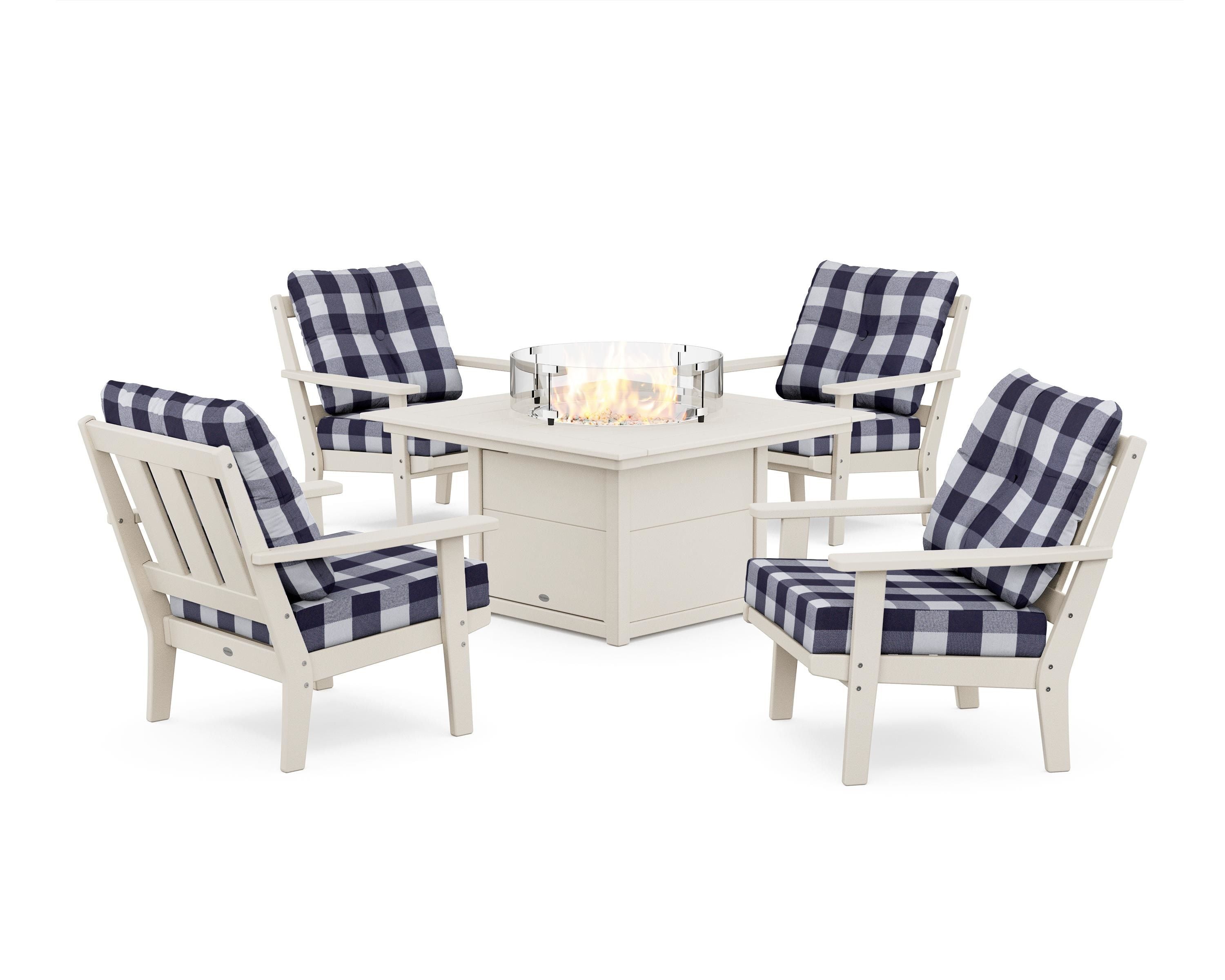 POLYWOOD® Oxford 5-Piece Deep Seating Set with Fire Pit Table in Sand / Buffalo Plaid Navy