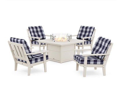 POLYWOOD® Oxford 5-Piece Deep Seating Set with Fire Pit Table in Sand / Buffalo Plaid Navy
