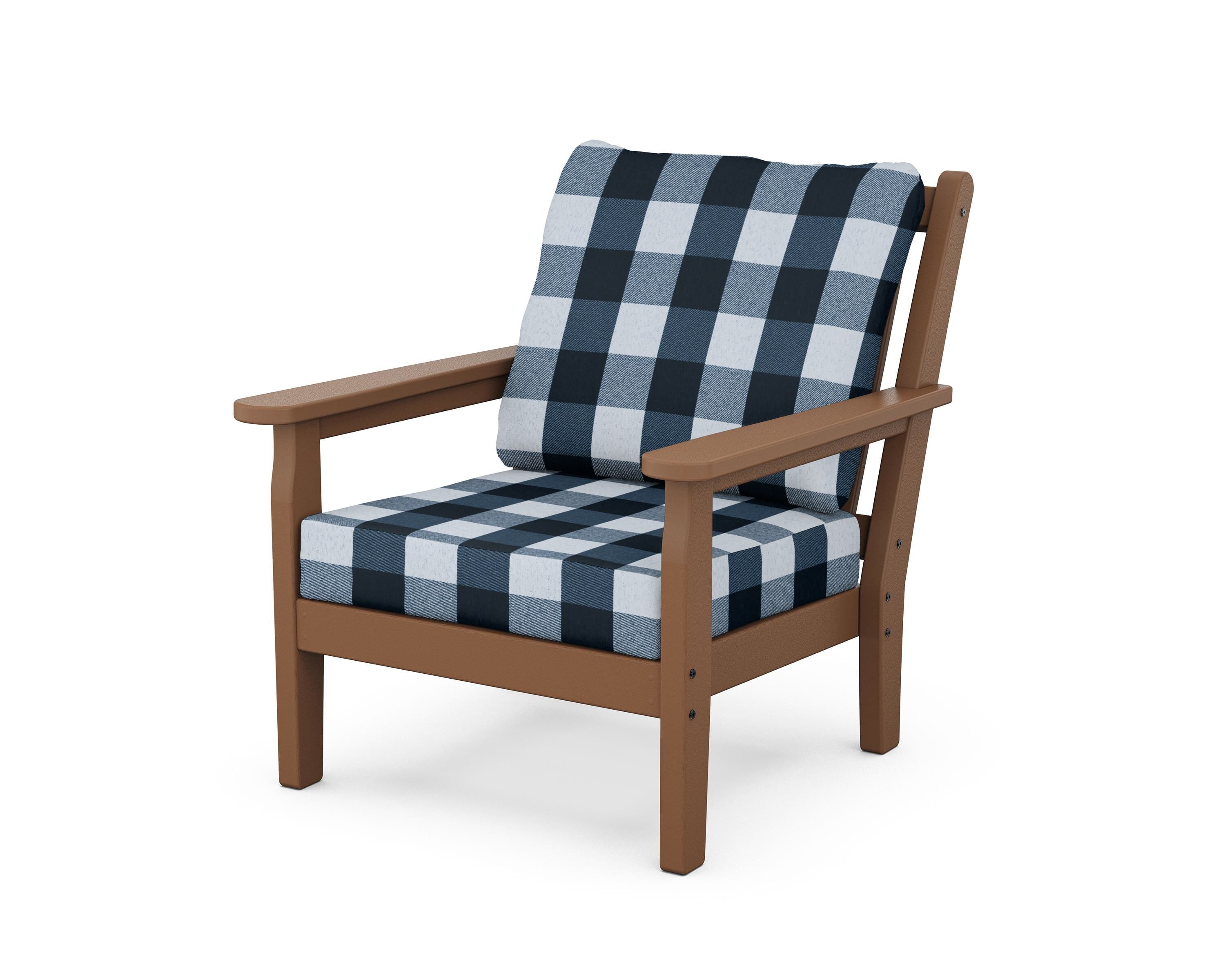 POLYWOOD® Chippendale Deep Seating Chair in Teak / Buffalo Plaid Marine Indigo