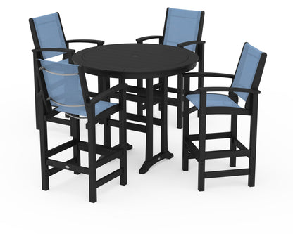 POLYWOOD® Coastal 5-Piece Nautical Trestle Bar Set in Black / Poolside Sling