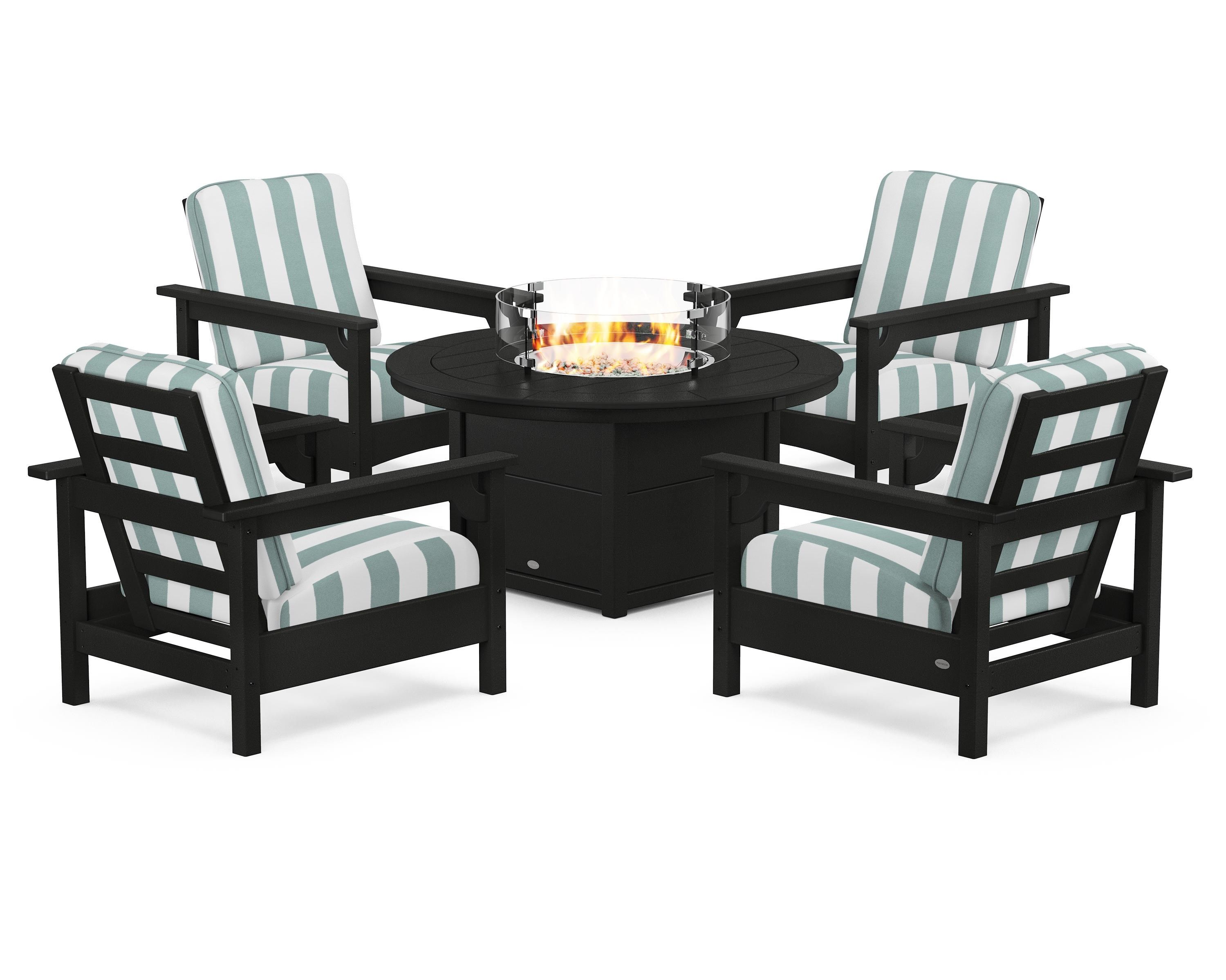 POLYWOOD® Club 5-Piece Conversation Set with Fire Pit Table in Black / Cabana Stripe Glacier Spa