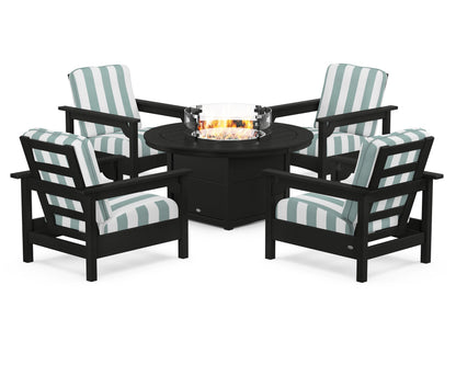 POLYWOOD® Club 5-Piece Conversation Set with Fire Pit Table in Black / Cabana Stripe Glacier Spa