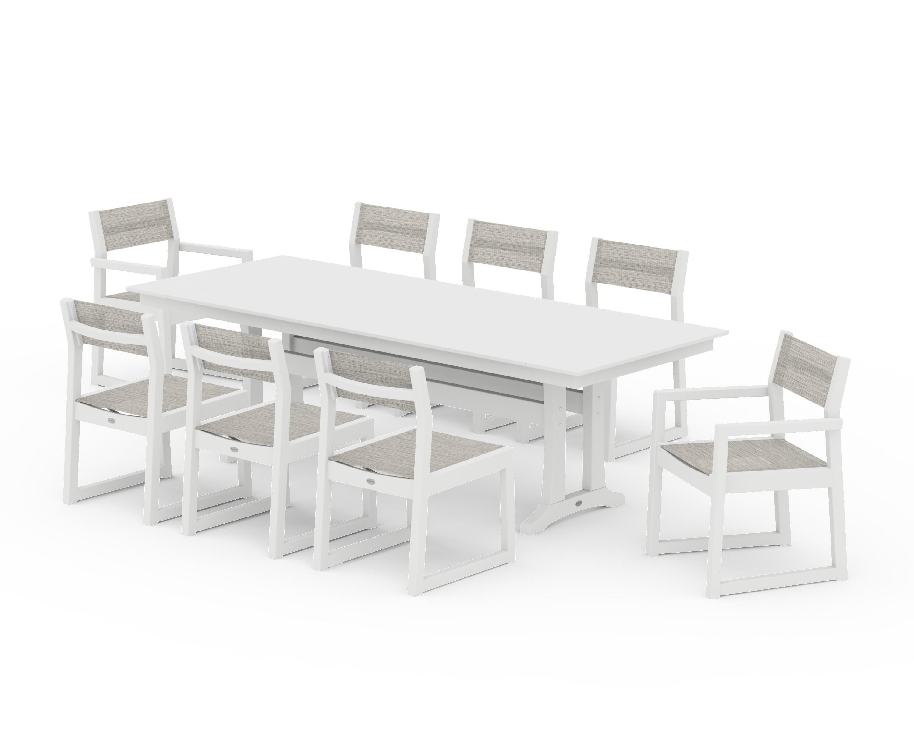 POLYWOOD® EDGE Sling 9-Piece Farmhouse Trestle Dining Set in White / Birch Sling
