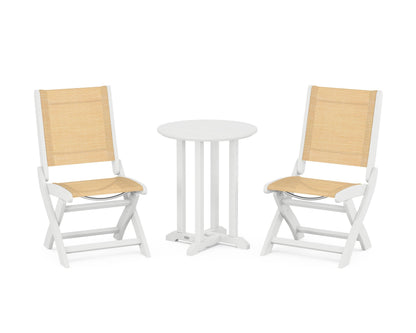 POLYWOOD® Coastal Folding Side Chair 3-Piece Round Bistro Dining Set in White / Dupioni Apricot Sling