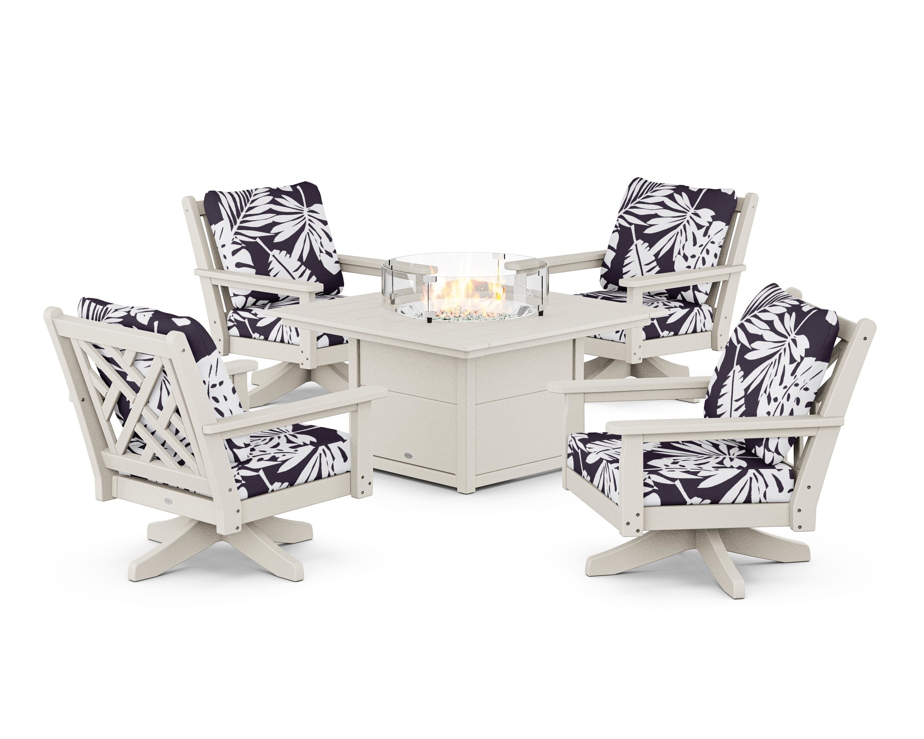 POLYWOOD® Chippendale 5-Piece Deep Seating Swivel Conversation Set with Fire Pit Table in Sand / Leaf Navy