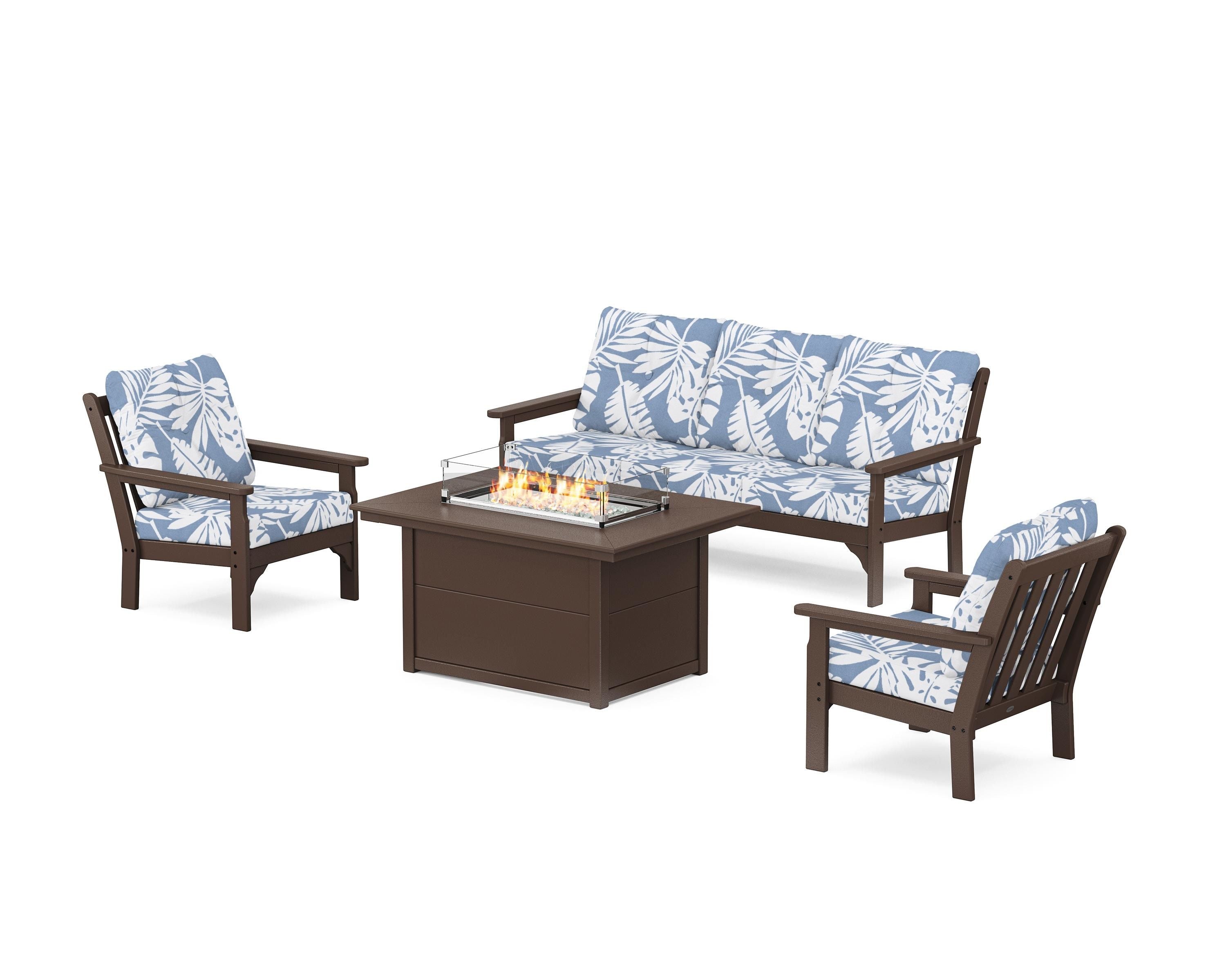 POLYWOOD® Vineyard Deep Seating Fire Pit Table Set in Mahogany / Leaf Sky Blue