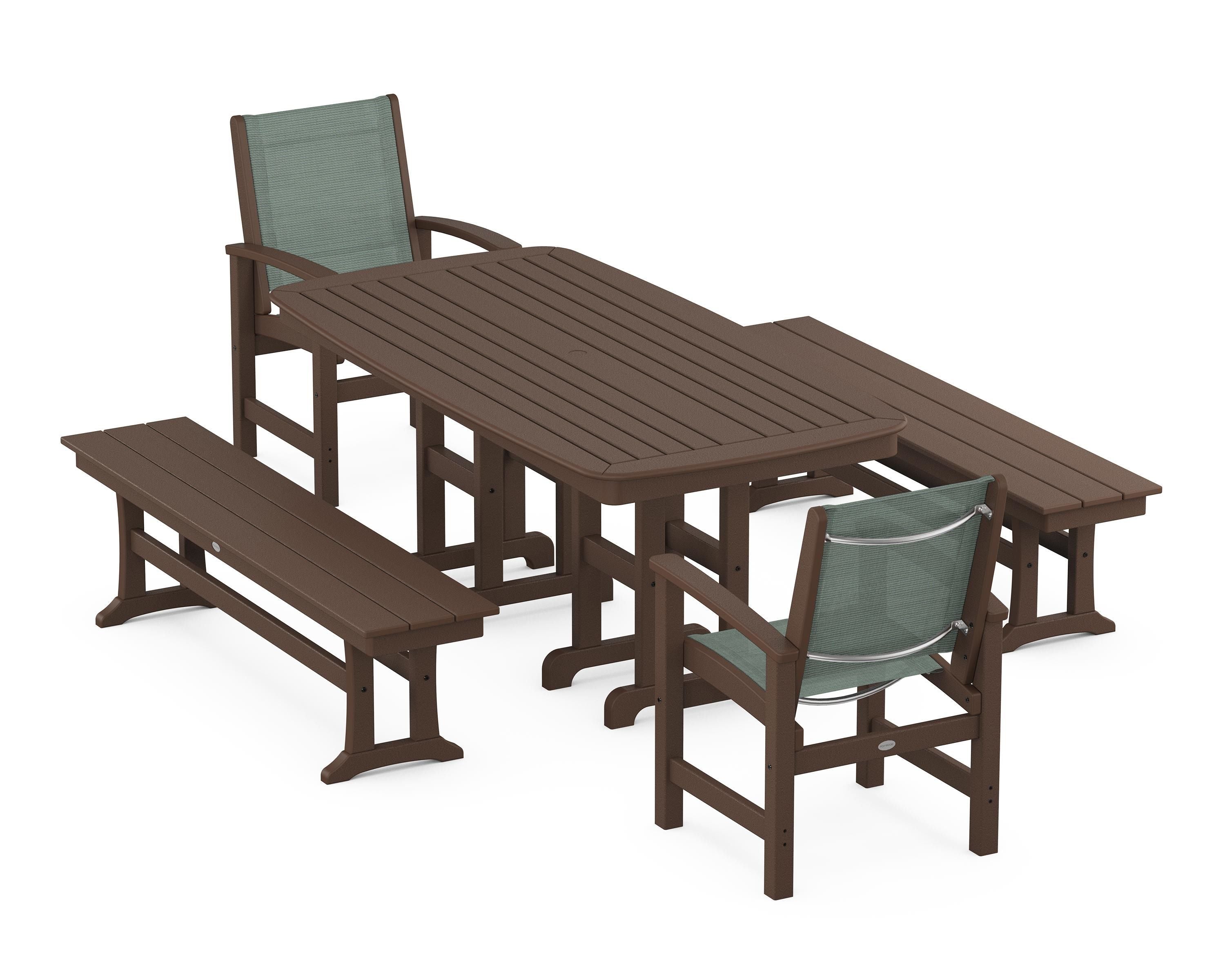 POLYWOOD® Coastal 5-Piece Dining Set in Mahogany / Dupioni Sea Mist Sling