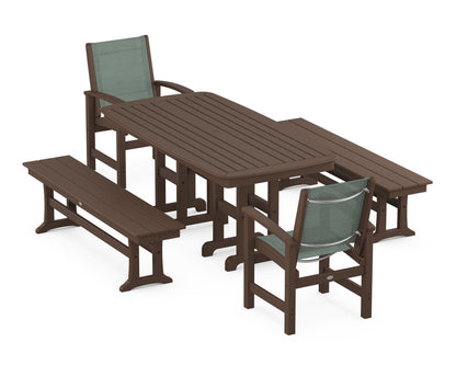 POLYWOOD® Coastal 5-Piece Dining Set in Mahogany / Dupioni Sea Mist Sling