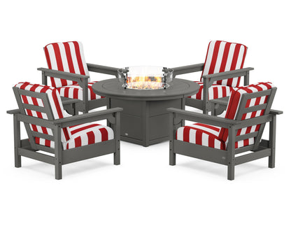 POLYWOOD® Club 5-Piece Conversation Set with Fire Pit Table in Slate Grey / Cabana Stripe Crimson