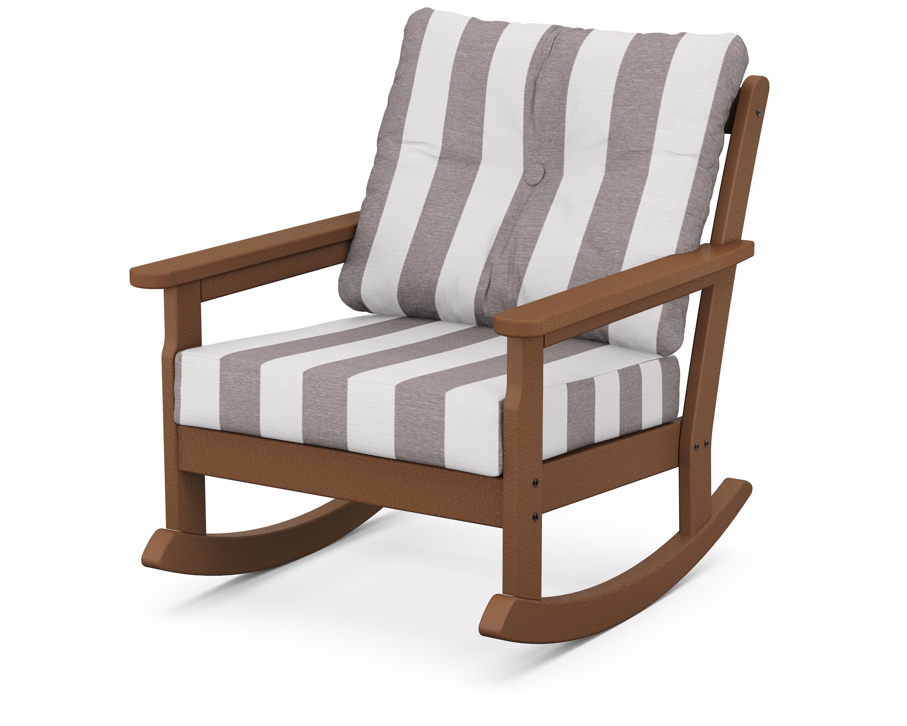 POLYWOOD® Vineyard Deep Seating Rocking Chair in Teak / Cabana Stripe Grey Mist