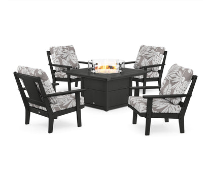 POLYWOOD® Prairie 5-Piece Deep Seating Set with Fire Pit Table in Black / Leaf Grey Mist