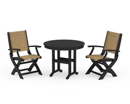 POLYWOOD® Coastal Folding Chair 3-Piece Round Dining Set in Black / Burlap Sling