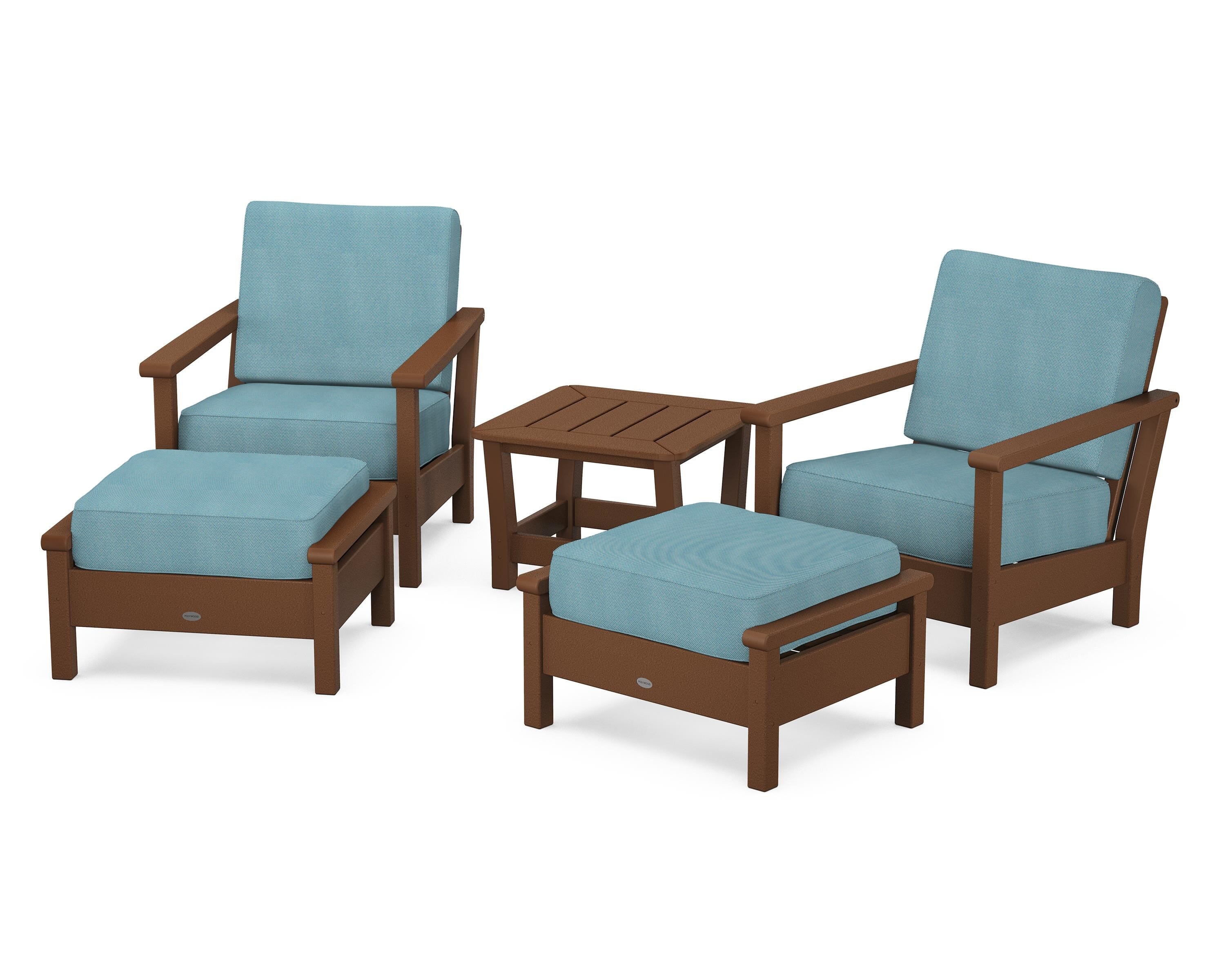 POLYWOOD® Harbour 5-Piece Deep Seating Chair Set in Teak / Lattice Sky Blue