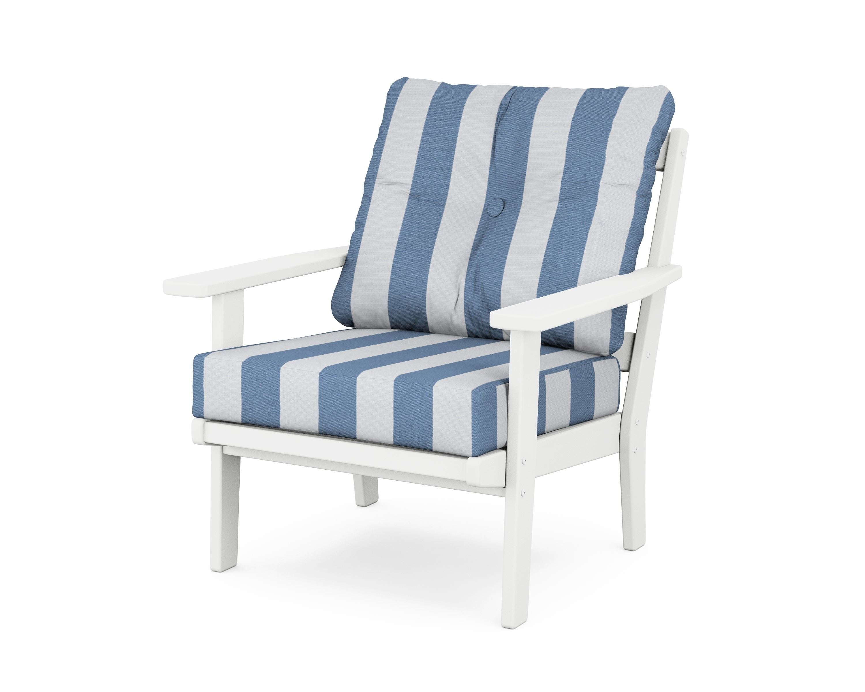 POLYWOOD® Oxford Deep Seating Chair in White / Cabana Stripe Sky Blue