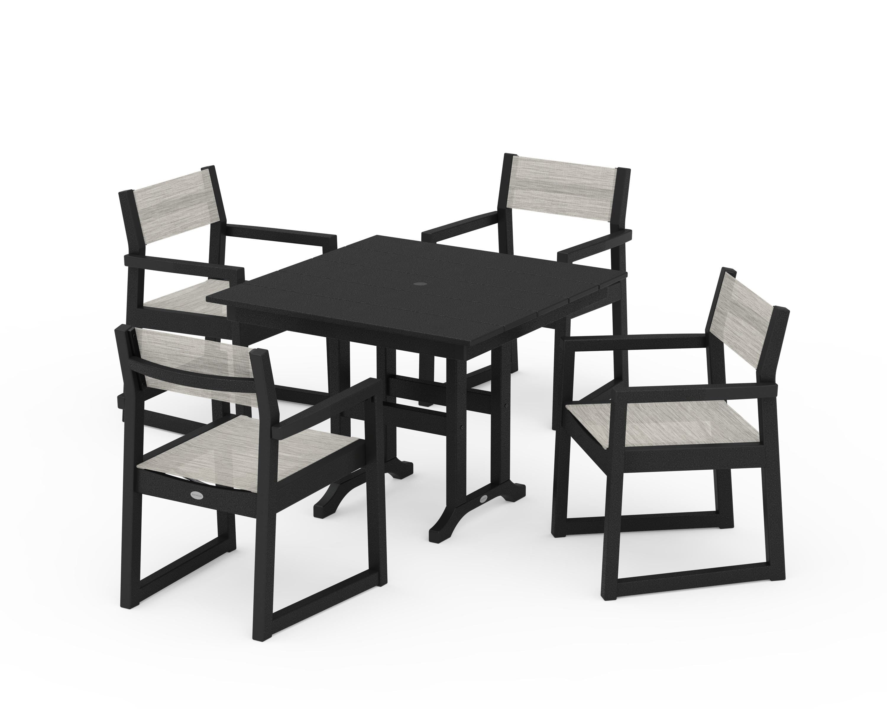 POLYWOOD® EDGE Sling Arm Chair 5-Piece Farmhouse Dining Set in Black / Birch Sling