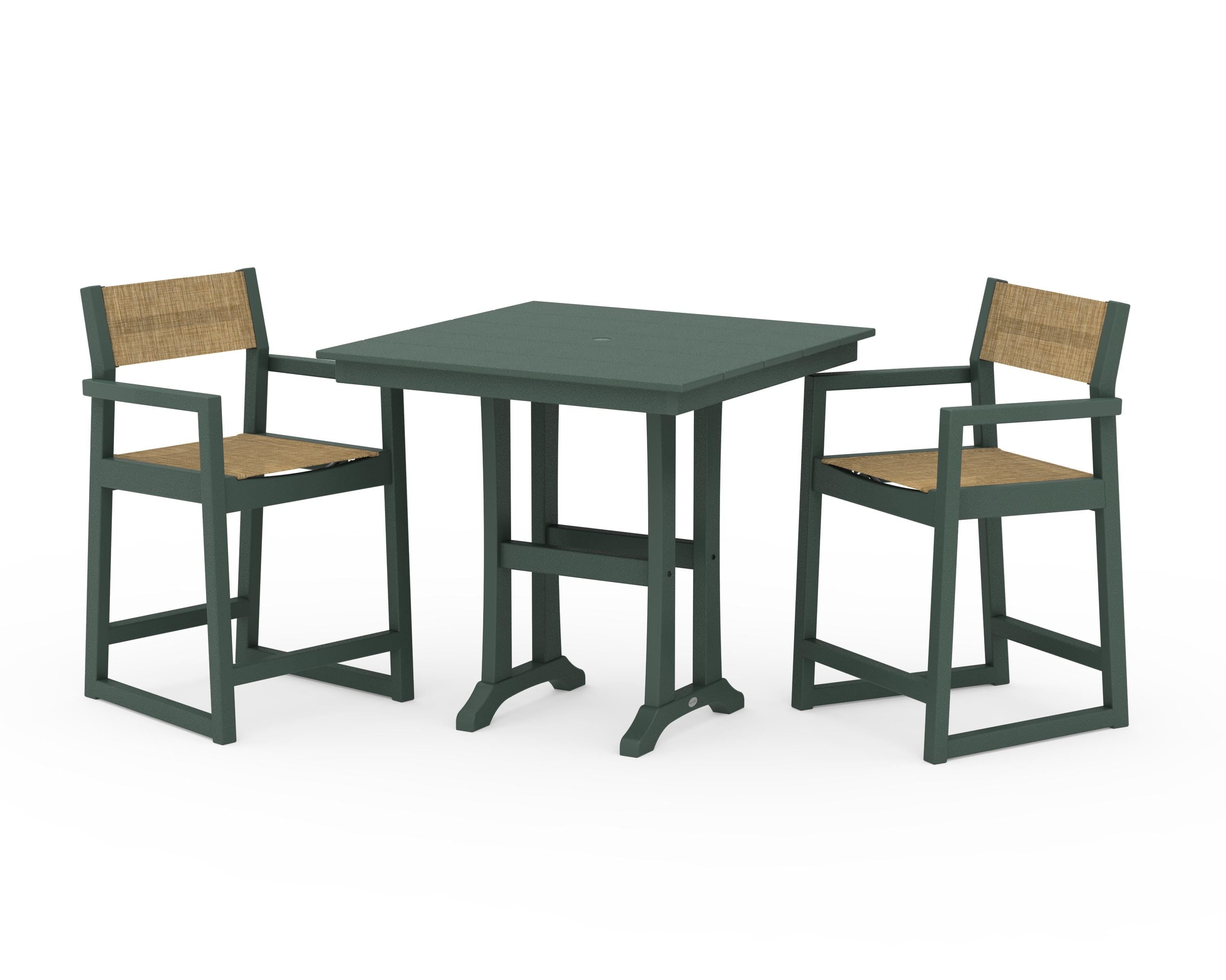 POLYWOOD® EDGE Sling Arm Chair 3-Piece Farmhouse Counter Set with Trestle Legs in Green / Burlap Sling
