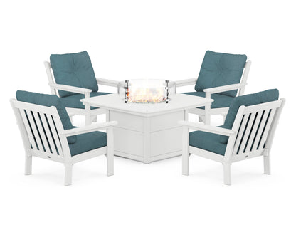 POLYWOOD® Vineyard 5-Piece Conversation Set with Fire Pit Table in White / Ocean Teal